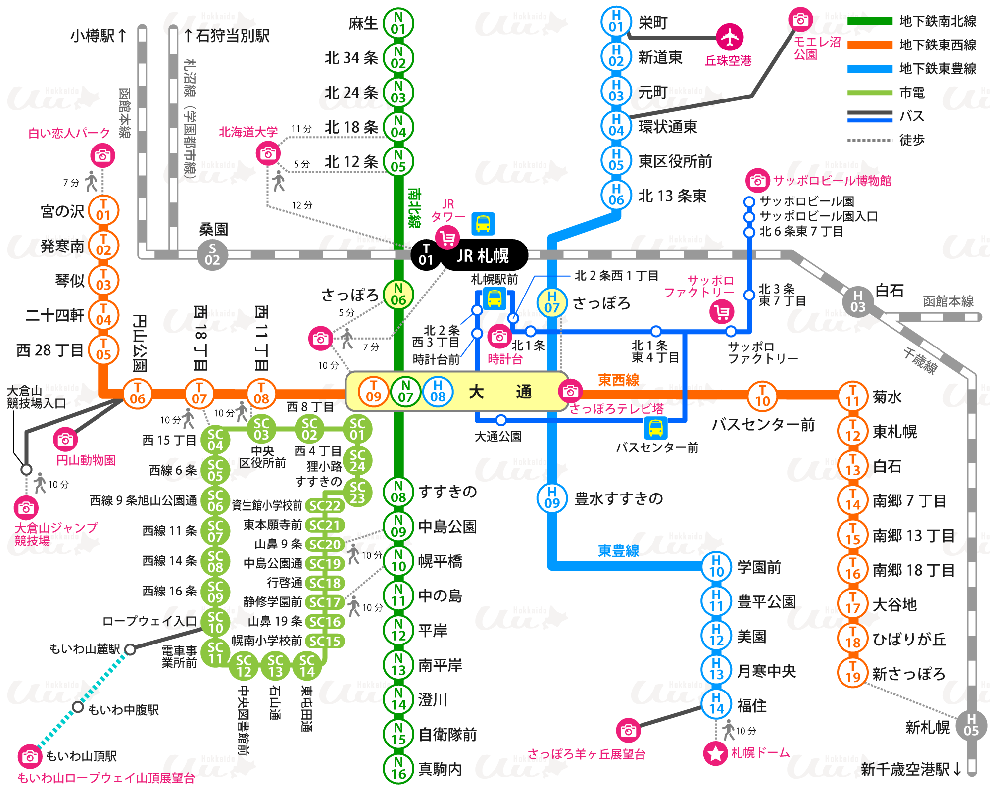 札幌市の交通路線図（地下鉄・市電・バス）