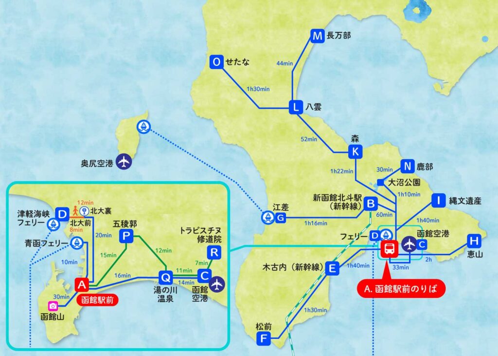 函館駅前からの路線バス移動時間